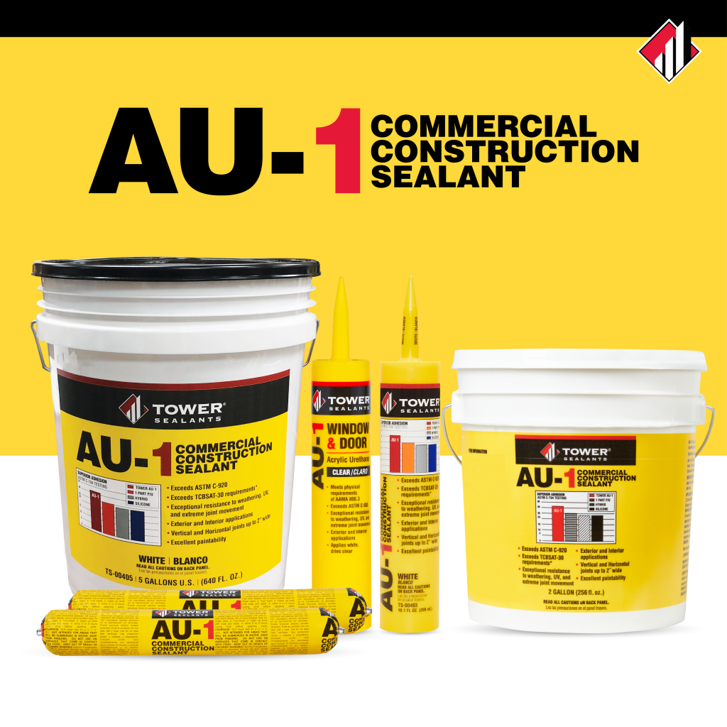 Product lineup of AU-1 commercial construction sealant, bucket, caulk tube, and reusable rolls