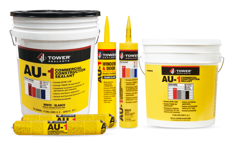 AU-1 Commercial Construction Sealant Product Lineup of images A big bucket, window & door tube, au-1 reusable sauasage, and a bucket of AU-1 Commercial construction sealant