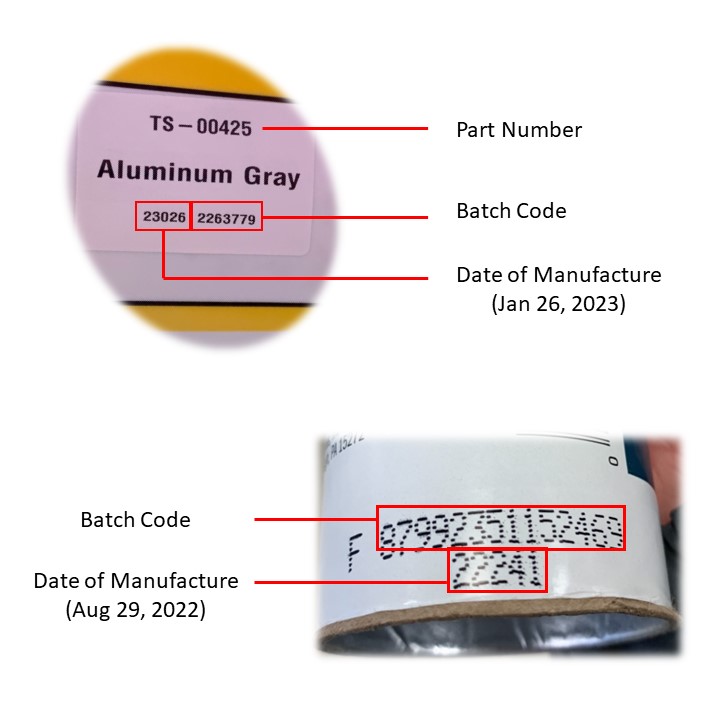 image describing manufacturing codes TS-00425 part number 23026 2263779 23026 - date of manufacture ( Jan 26, 2023) 2263779 - Batch Code 87992351152469 - batch code 22241 - Date of manufacture (aug 29, 2022)