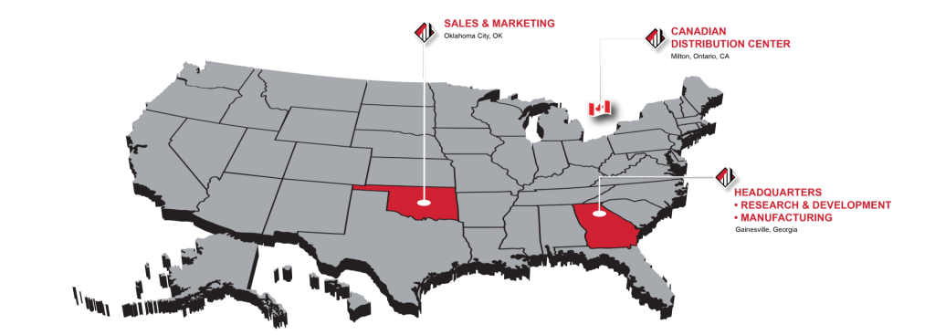 Map showing Tower Sealants headquarters in Gainesville Georgia, Oklahoma City sales office, and Canadian distribution in Milton Ontario