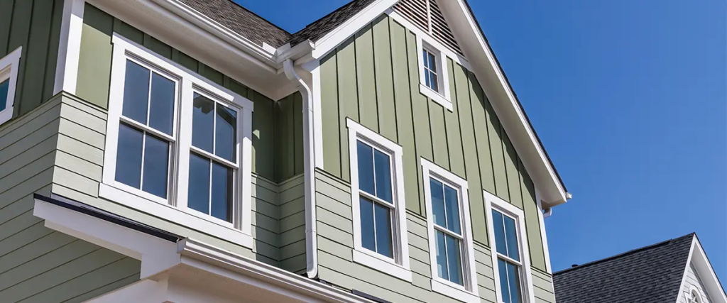 Two-story home with green fiber cement siding and white window trim